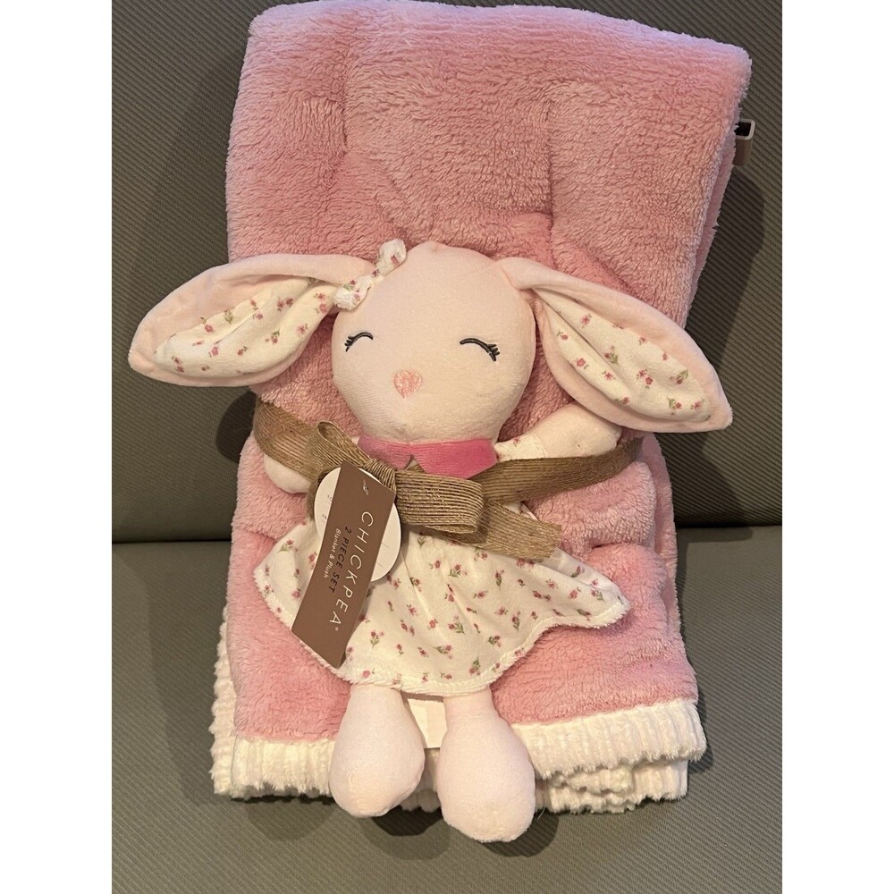 Chick Pea Baby Blanket Bunny Pink Floral Dress Lovey Set Plush Toy Ribbed Trim